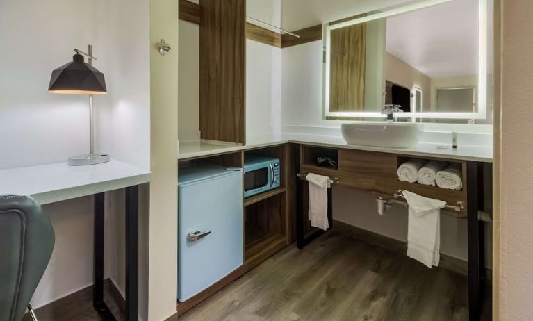 Day use room with mini-fridge and private bathroom at Signature Inn Houston Galleria.