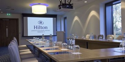 Professional meeting room at Hilton London Heathrow Airport Terminal 5. 