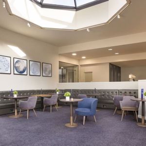 Lobby and coworking lounge at DoubleTree By Hilton Manchester Airport.