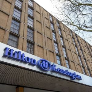 Hotel exterior at Hilton London Kensington.
