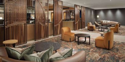 Lobby and coworking lounge at Hilton London Metropole. 