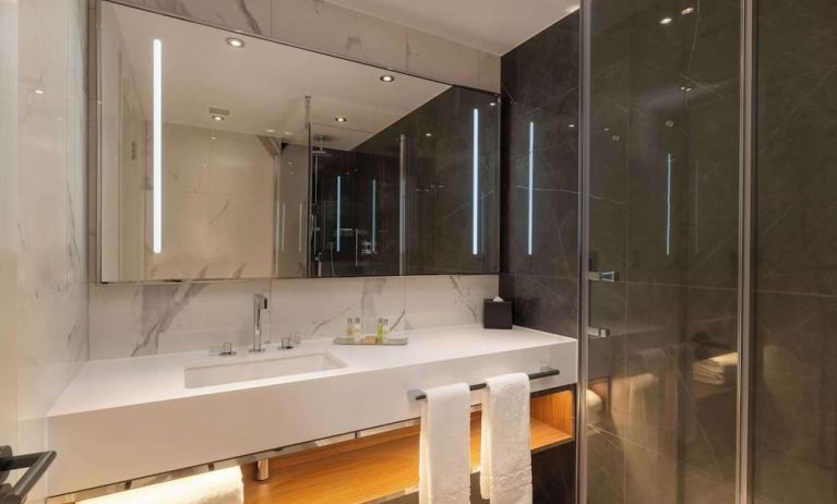 Guest bathroom with shower at Hilton London Metropole. 