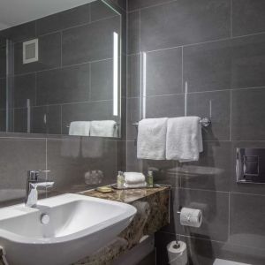 Guest bathroom with shower at DoubleTree By Hilton Bristol City Centre.  