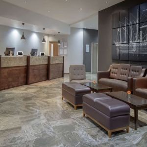 Lobby and coworking lounge at DoubleTree By Hilton Bristol City Centre.  