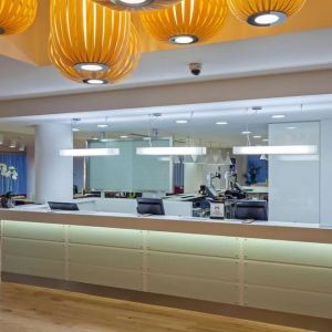 Hotel reception at Hampton By Hilton London Gatwick Airport.