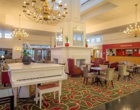 Lobby and coworking space at Hilton Leicester.