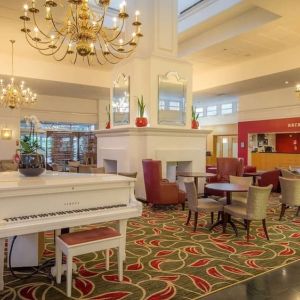 Lobby and coworking space at Hilton Leicester.