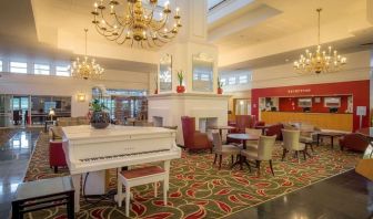 Lobby and coworking space at Hilton Leicester.