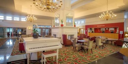 Lobby and coworking space at Hilton Leicester.