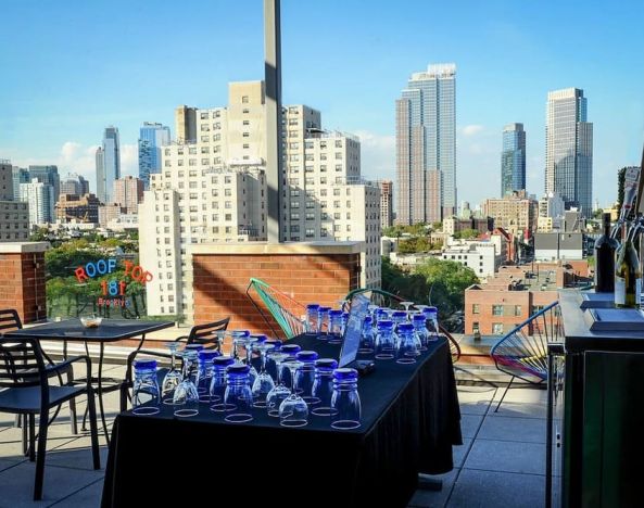 Rooftop terrace with city view at Fairfield Inn & Suites New York Brooklyn.