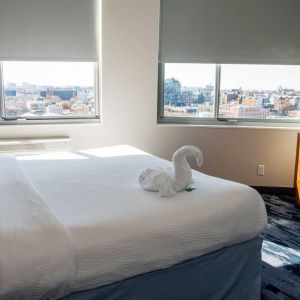 Romantic king room with city views at Fairfield Inn & Suites New York Brooklyn.