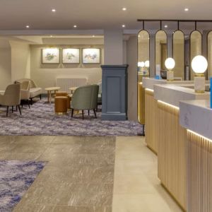 Lobby and coworking lounge at Hilton Cobham.