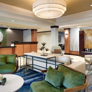 Lobby and coworking lounge at Fairfield Inn & Suites By Marriott Tallahassee Central.