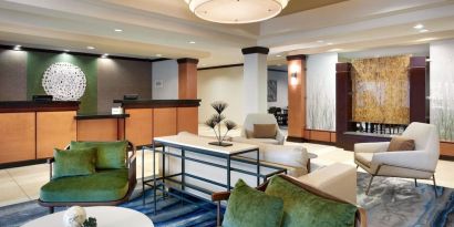 Lobby and coworking lounge at Fairfield Inn & Suites By Marriott Tallahassee Central.