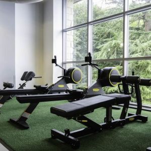 Well equipped fitness center with a view at DoubleTree By Hilton Bristol South - Cadbury House.