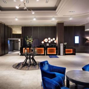 Lobby and coworking lounge at Doubletree by Hilton Glasgow Central.