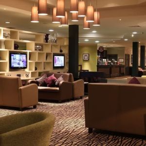 Lobby and coworking lounge at Doubletree by Hilton Glasgow Strathclyde.