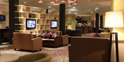 Lobby and coworking lounge at Doubletree by Hilton Glasgow Strathclyde.