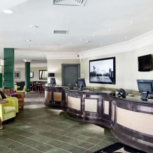 Lobby and coworking lounge at Doubletree by Hilton Glasgow Strathclyde.