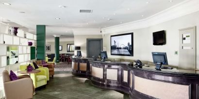 Lobby and coworking lounge at Doubletree by Hilton Glasgow Strathclyde.