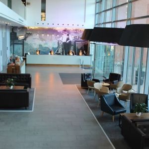 Lobby and coworking lounge at DoubleTree By Hilton Leeds City Centre.