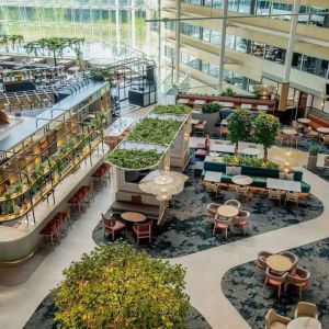 Restaurant and bar view from above at Hilton London Heathrow Airport.