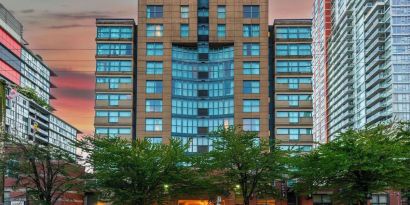 Hotel exterior and city view at Grand Park Hotel & Suites Downtown Vancouver.