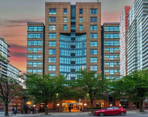 Hotel exterior and city view at Grand Park Hotel & Suites Downtown Vancouver.