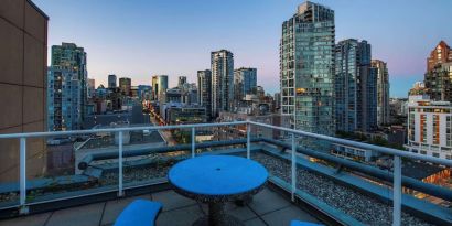 Hotel rooftop with city view at Grand Park Hotel & Suites Downtown Vancouver.