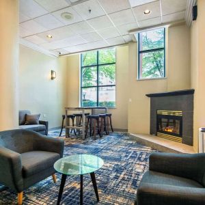 Lounge and fireplace at Grand Park Hotel & Suites Downtown Vancouver.