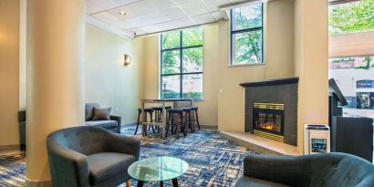 Lounge and fireplace at Grand Park Hotel & Suites Downtown Vancouver.