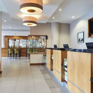 Lobby and coworking lounge at Leonardo Hotel Bradford.
