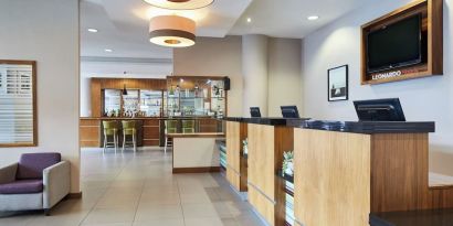 Lobby and coworking lounge at Leonardo Hotel Bradford.
