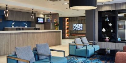 Lobby and coworking lounge at Leonardo Hotel Edinburgh Murrayfield.