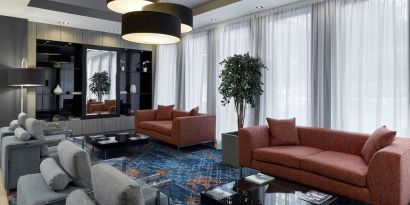 Lobby and coworking lounge at Leonardo Hotel Edinburgh Murrayfield.