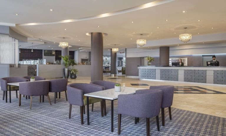 Lobby and coworking lounge at Leonardo Hotel Leeds. 