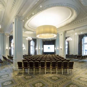 Elegant banquet hall with decorative chandeliers at The Midland - A Leonardo Royal Hotel.