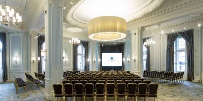 Elegant banquet hall with decorative chandeliers at The Midland - A Leonardo Royal Hotel.