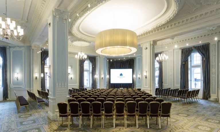 Elegant banquet hall with decorative chandeliers at The Midland - A Leonardo Royal Hotel.