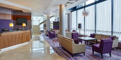 Lobby and coworking lounge at Leonardo Hotel Milton Keynes.