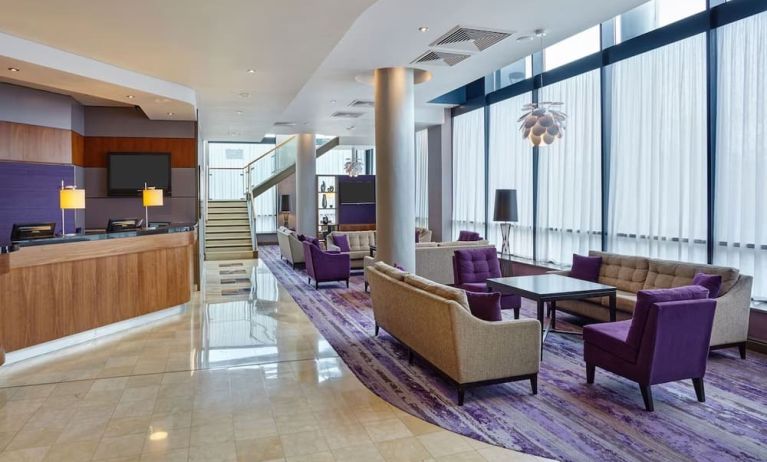 Lobby and coworking lounge at Leonardo Hotel Milton Keynes.