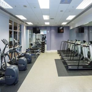 Fully equipped fitness center at DoubleTree by Hilton Dartford Bridge.