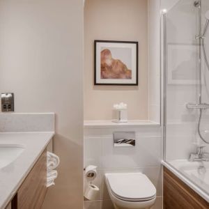 Guest bathroom with shower and tub at DoubleTree by Hilton Dartford Bridge.