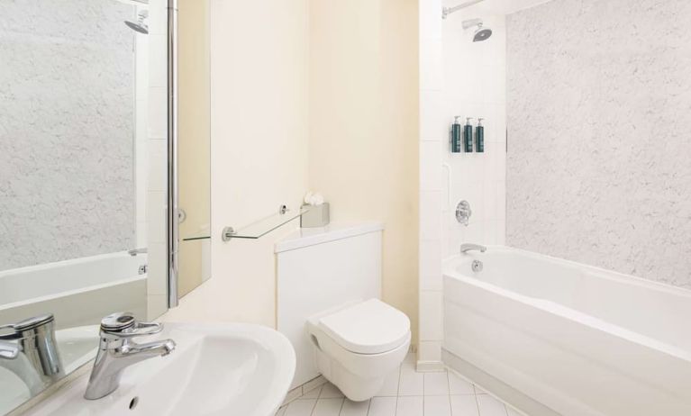 Guest bathroom with shower and tub at Hilton Northampton.