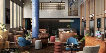 Lobby and coworking lounge at The Gantry London, Curio Collection By Hilton.