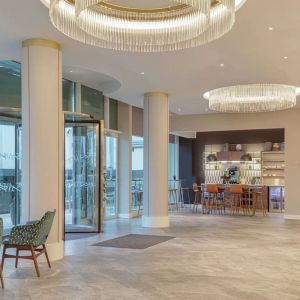 Lobby and coworking lounge at Hilton London Angel Islington.