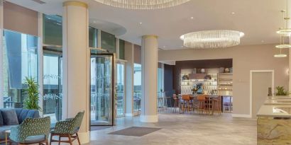 Lobby and coworking lounge at Hilton London Angel Islington.