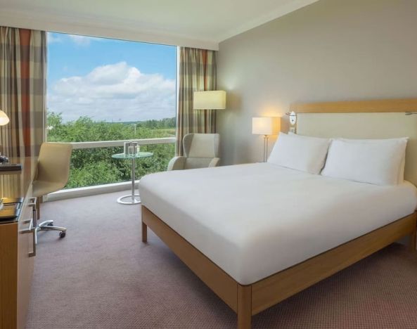 Bright king bedroom with view at the Hilton Reading.