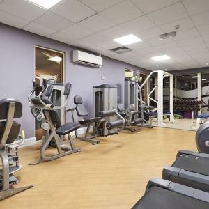 Fitness center with treadmills, machines and equipment at the DoubleTree by Hilton Newbury North.