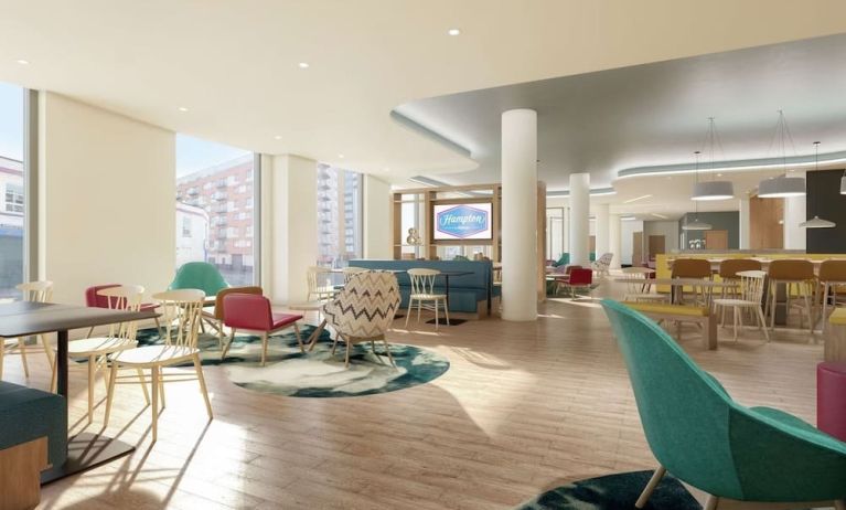 Comfortable and stylish lobby workspace at the Hampton by Hilton Manchester Northern Quarter.